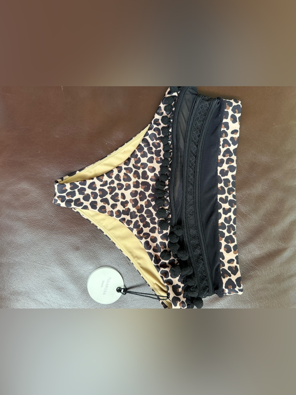 Tularosa Leopard Print Bikini Bottom with Black Pom-Pom Trim